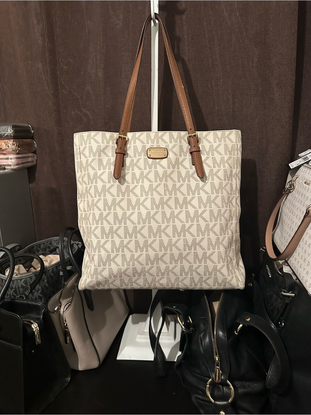 Michael Kors Beige MK Logo Tote with Brown Leather Straps
